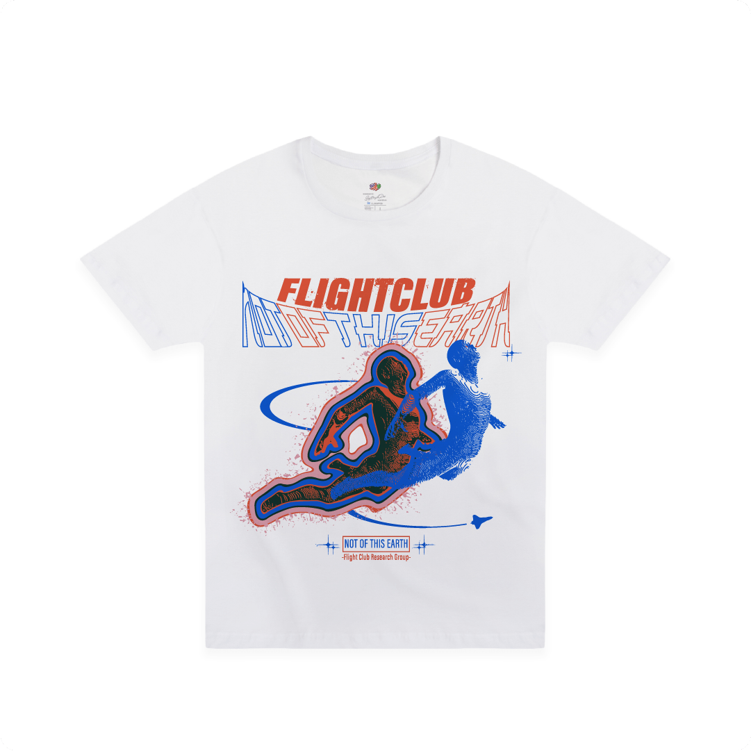 White t-shirt with colorful graphic design and 'FLIGHTCLUB' text on a white background