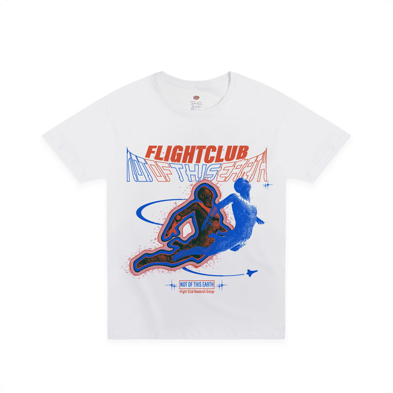 White t-shirt with colorful graphic design and 'FLIGHTCLUB' text on a white background