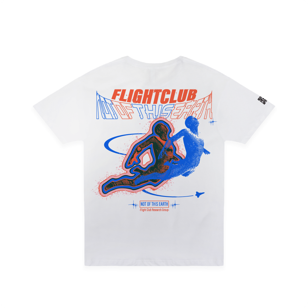 White t-shirt with colorful graphic design and 'FLIGHTCLUB' text on a white background