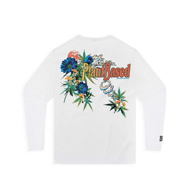 Rear view of a unisex white long-sleeve shirt with floral weed leaf design and 'Plant Based' text with mushrooms on a white background.