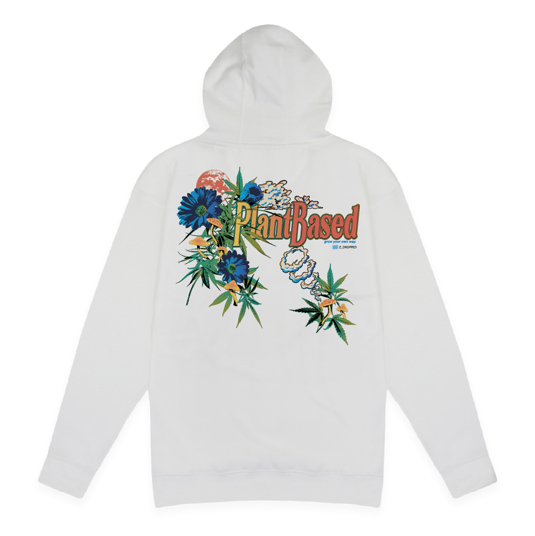 Rear view of a unisex white hoodie with 'Plant Based' text on a white background