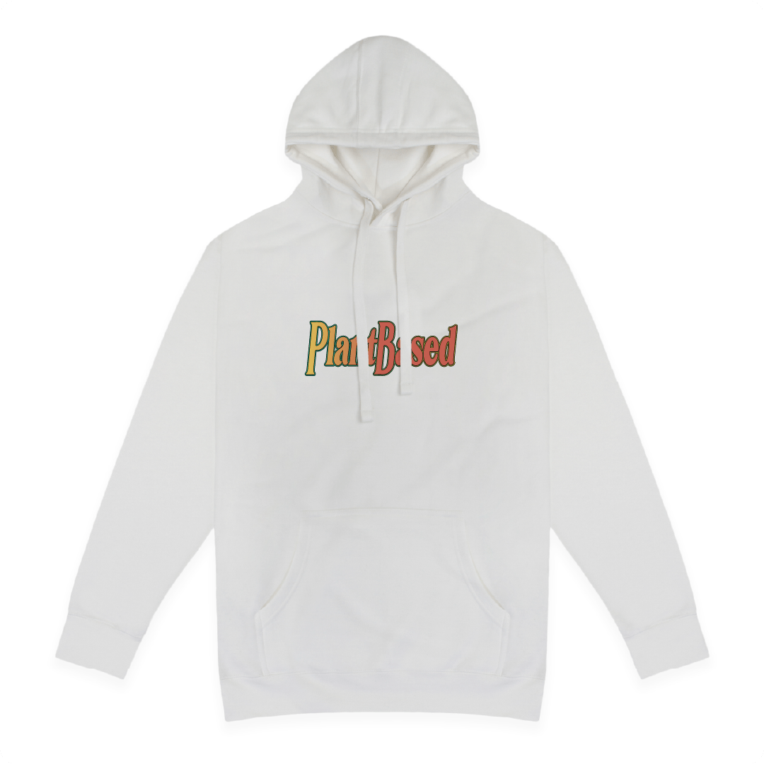 Front view of a unisex white hoodie with 'Plant Based' text on a white background