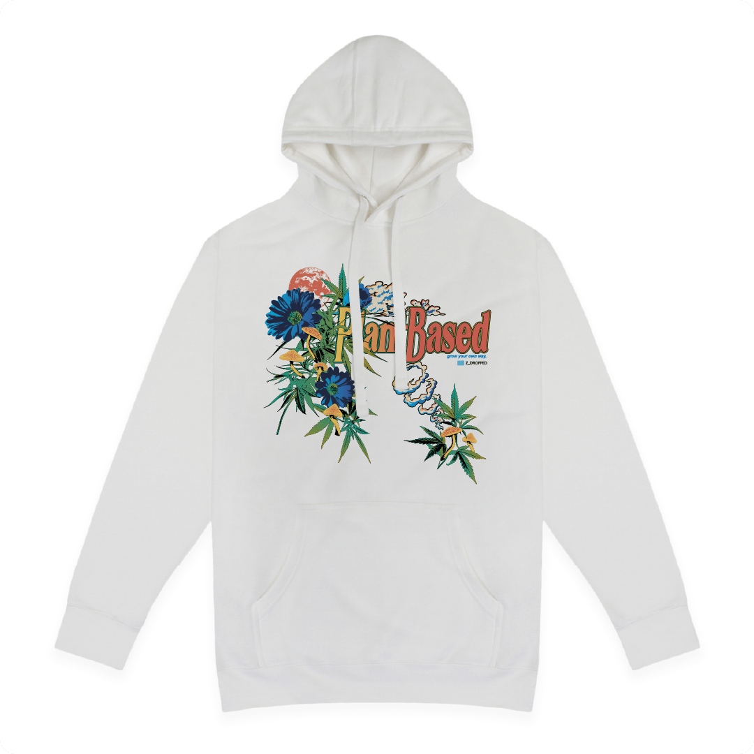 Front view of a unisex white hoodie with 'Plant Based' text and floral designs on a white background