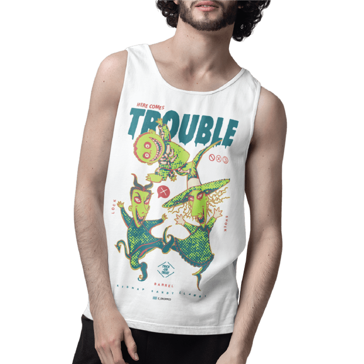 Young man wearing a white tank top with colorful lock shock and barrel and 'Here Comes Trouble' text on the front.