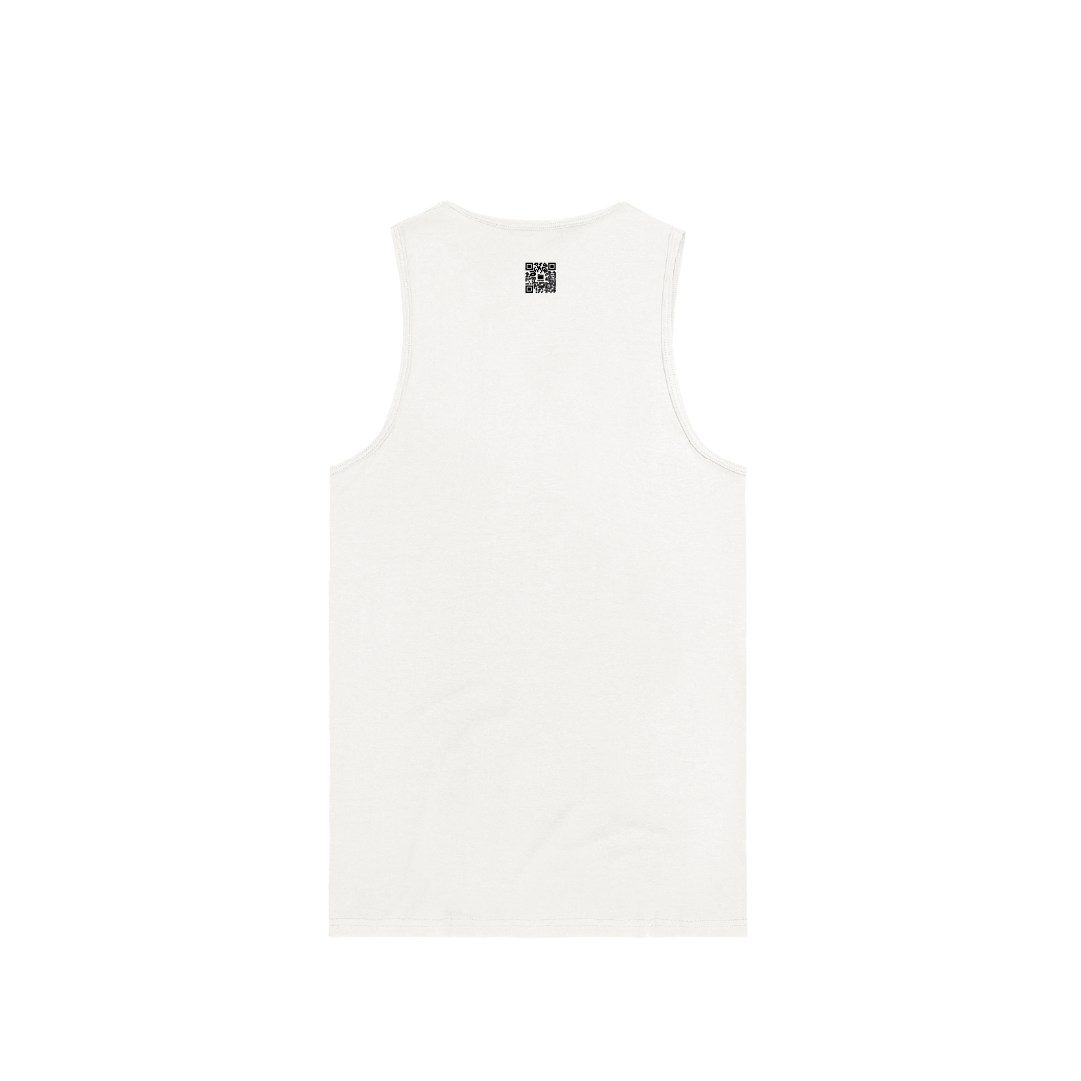 Rear view of a white tank top with a small zdropped black QR code on the back on a white background