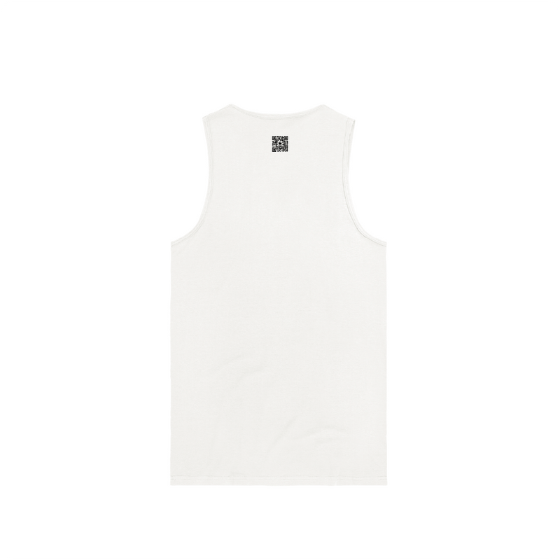 Rear view of a white tank top with a small zdropped black QR code on the back on a white background