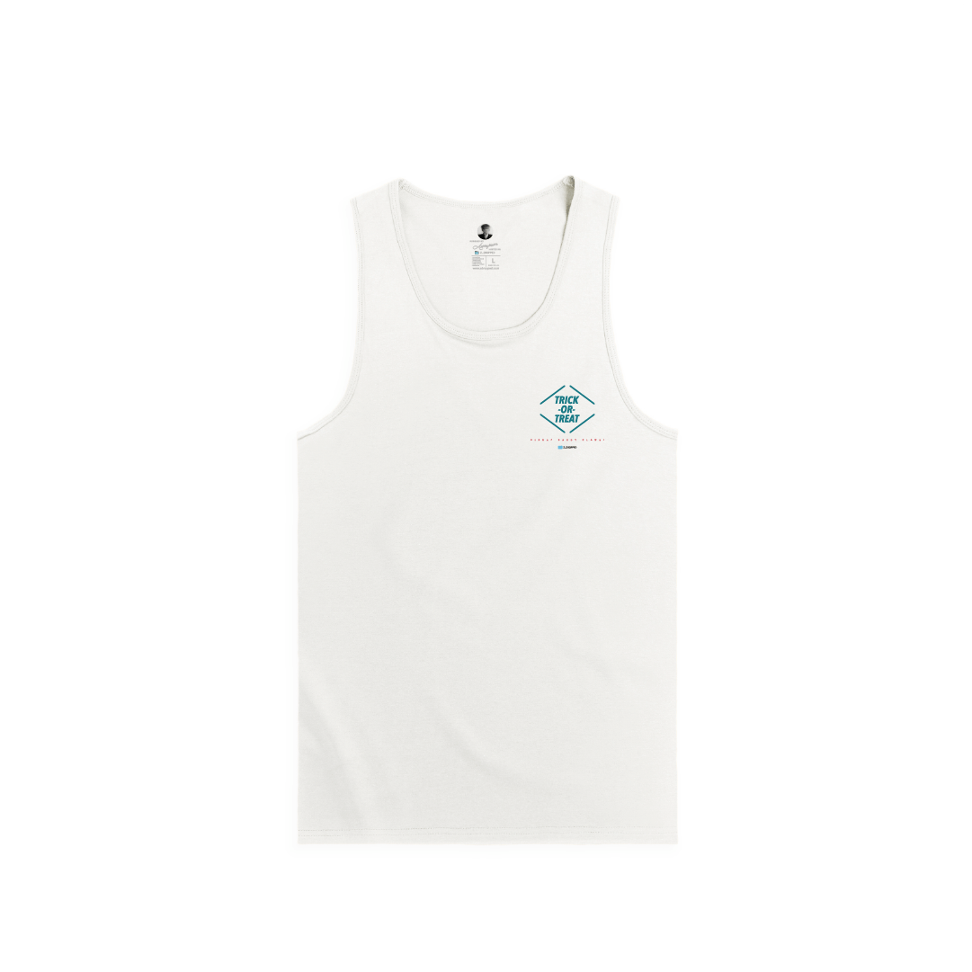 White tank top with a small logo on a white background