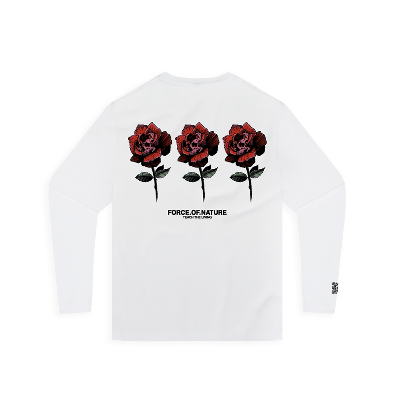 White long-sleeve shirt with three red roses and 'Force of Nature' text on a white background