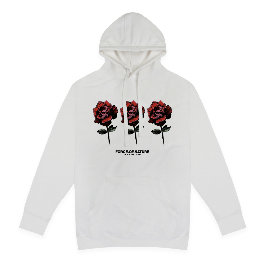 Front view of a unisex white hoodie with three red rose graphic and 'Force of Nature' text on a white background