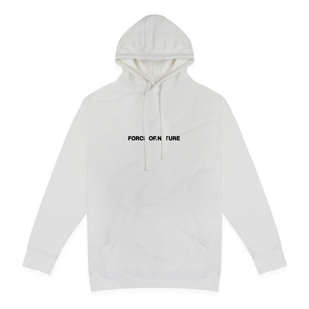 Front view unisex White hoodie with 'FORCE OF NATURE' text on a white background