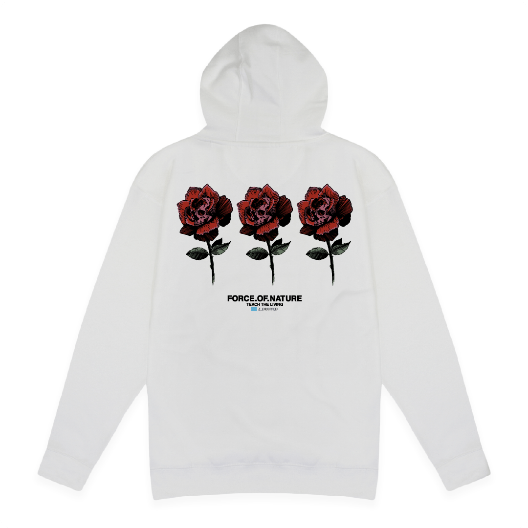 Rear view of a unisex white hoodie with three red rose graphic and 'Force of Nature' text on a white background