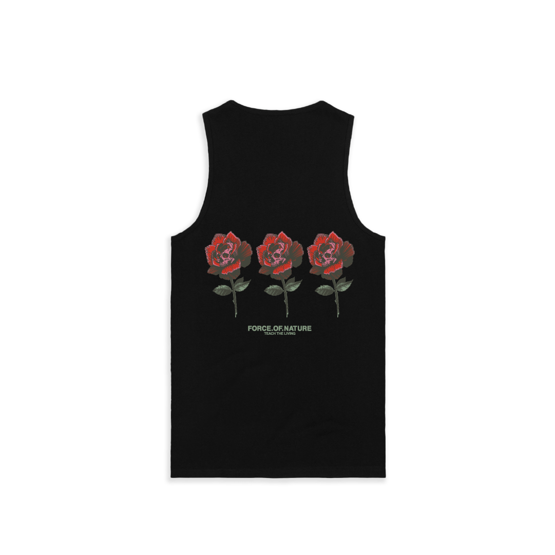 Black tank top with red roses and 'Force of Nature' text on a white background