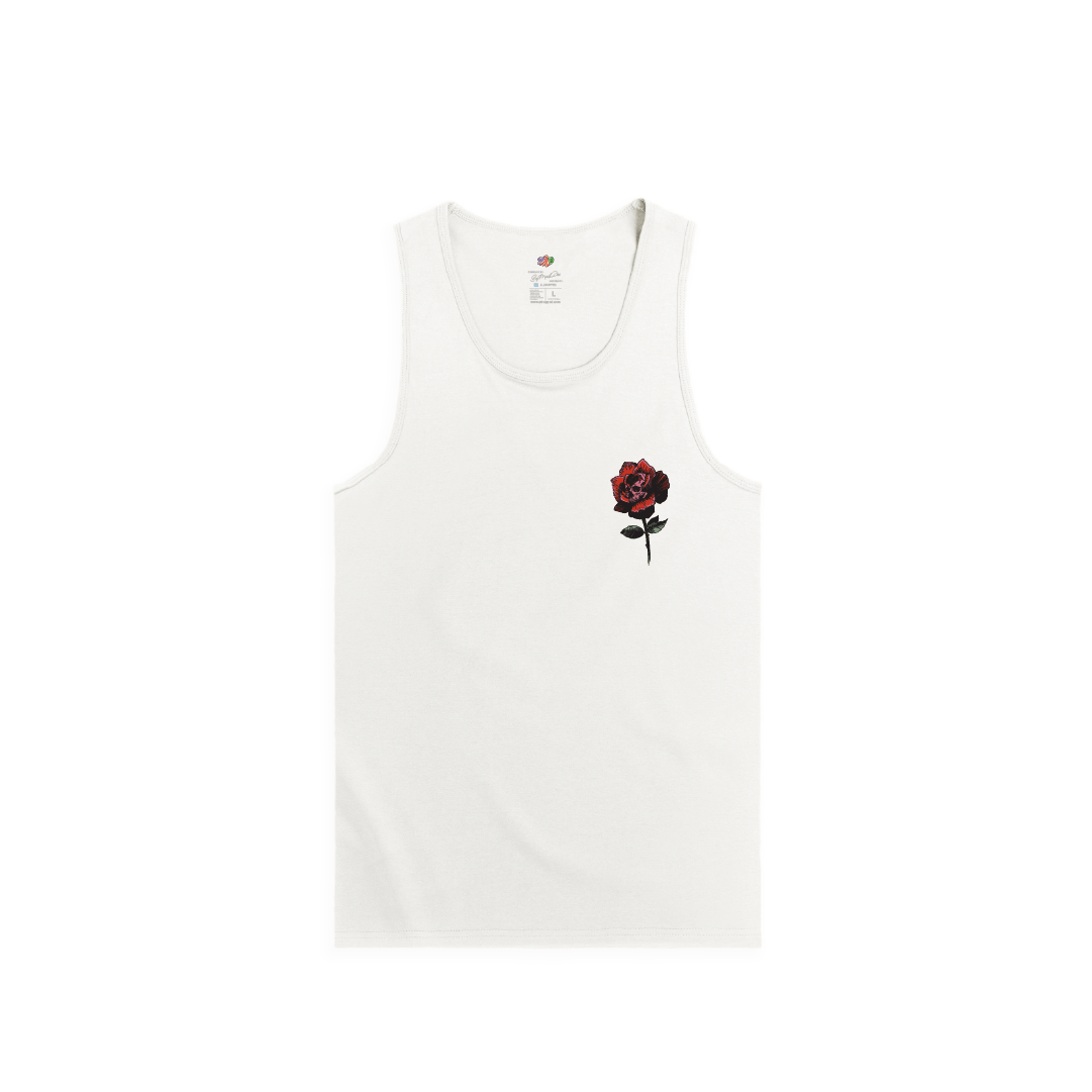 White tank top with a red rose print on a white background