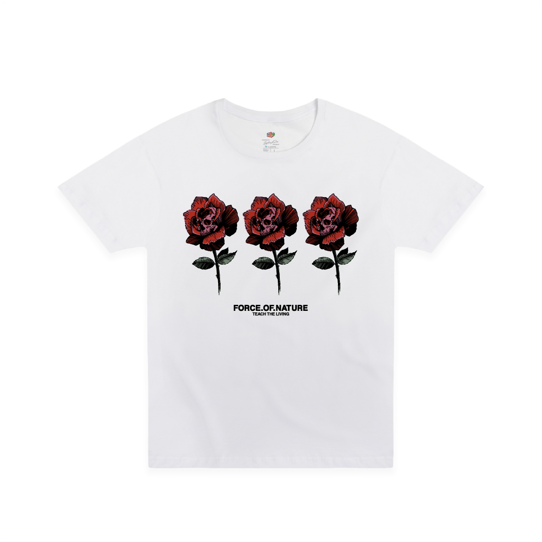 White t-shirt with three red rose graphic and 'Force of Nature' text on a white background