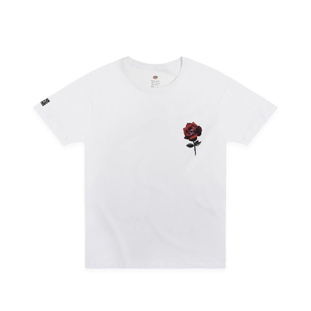 White t-shirt with a red rose graphic on a white background