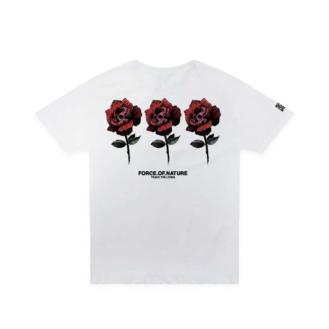 White t-shirt with three red roses and 'Force of Nature' text printed on a white background