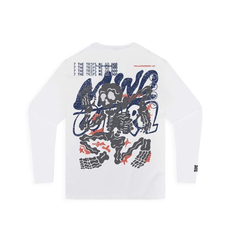 Rear view of a unisex white long sleeve t-shirt with skeleton design and 'Mind Control' text on a white background