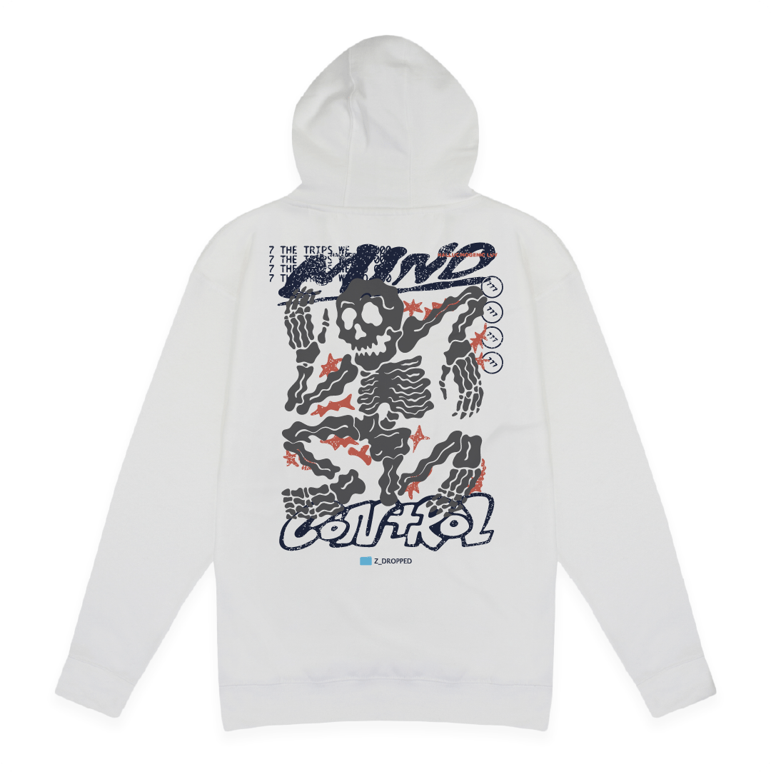 Rear view of a unisex white hoodie with a skeleton graphic and navy mind control text on a white background