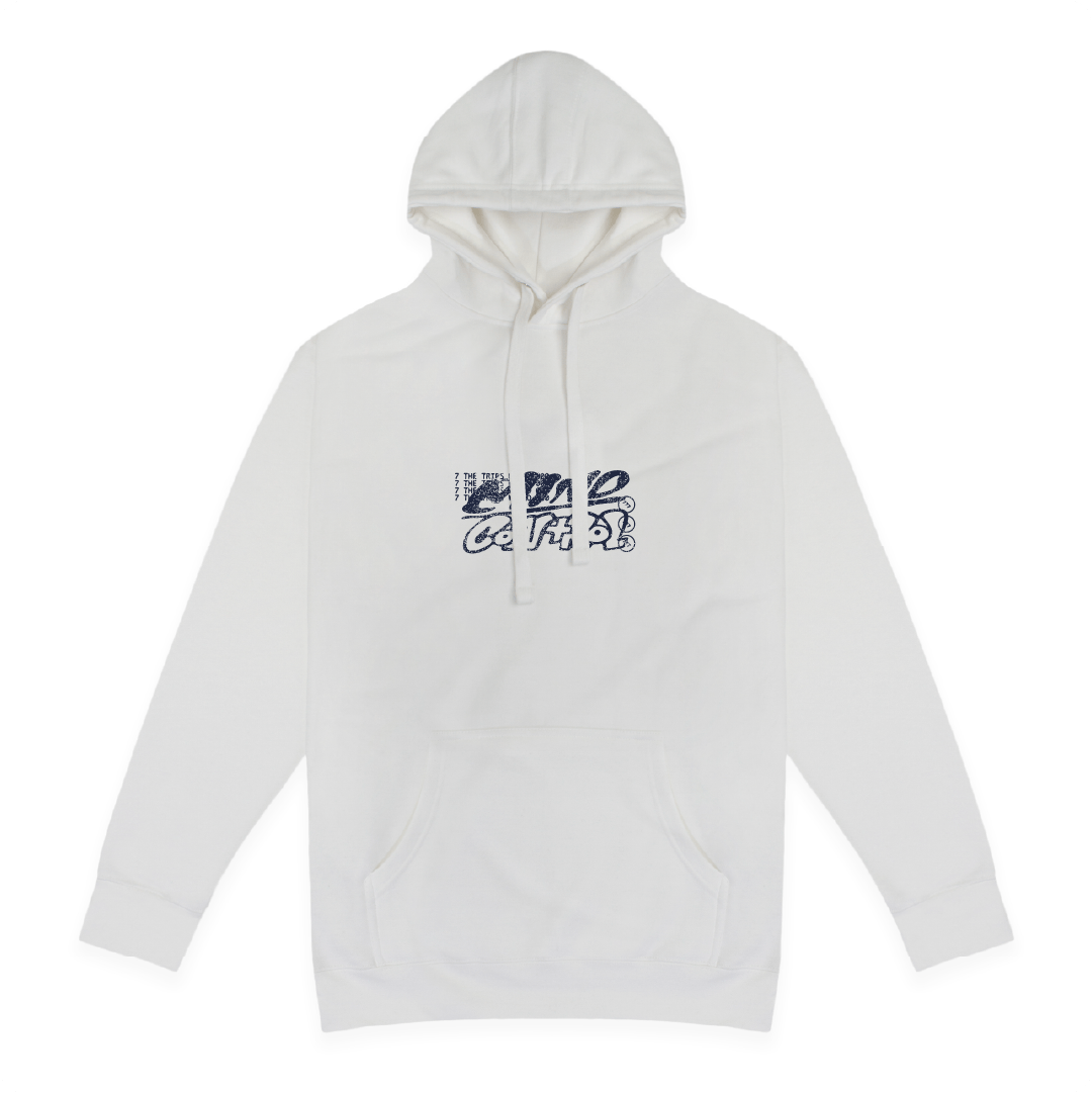 Front view of a unisex white hoodie navy mind control text on a white background