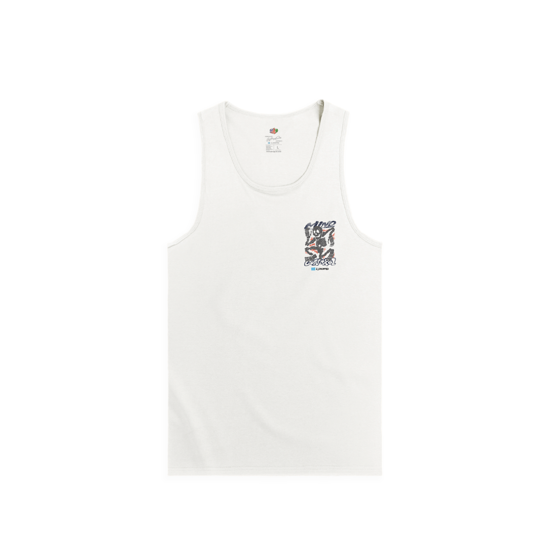 Front view of a unisex white tank top with skeleton design and 'Mind Control' text on a white background