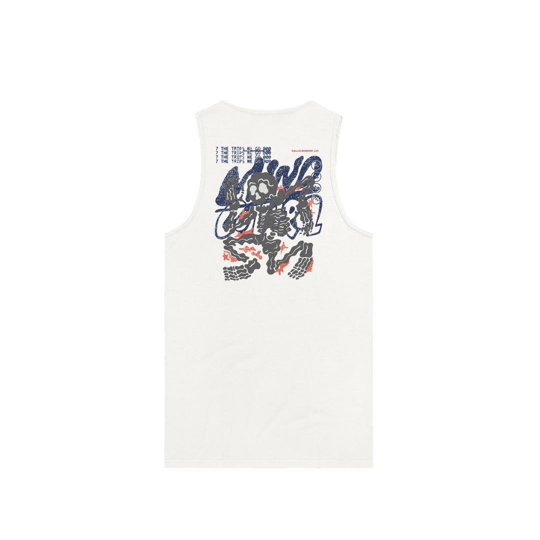 Rear view of a unisex white tank top with skeleton design and 'Mind Control' text on a white background