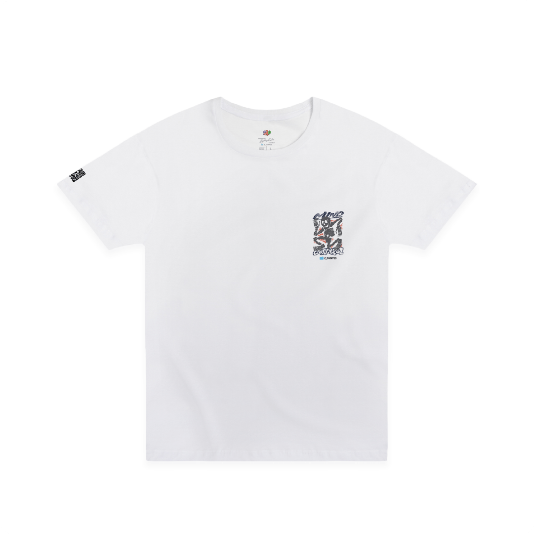 Front view of a unisex white t-shirt with a small logo on the chest against a white background