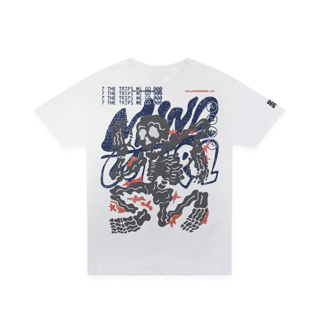 Rear view of a unisex white t-shirt with a graphic design featuring a skeleton and text on a white background