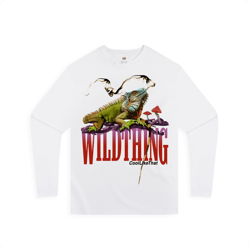 Front view of a unisex white long sleeved shirt with an iguana lizard smoking a joint on a large red 'WILDTHING' text with magic mushrooms. 