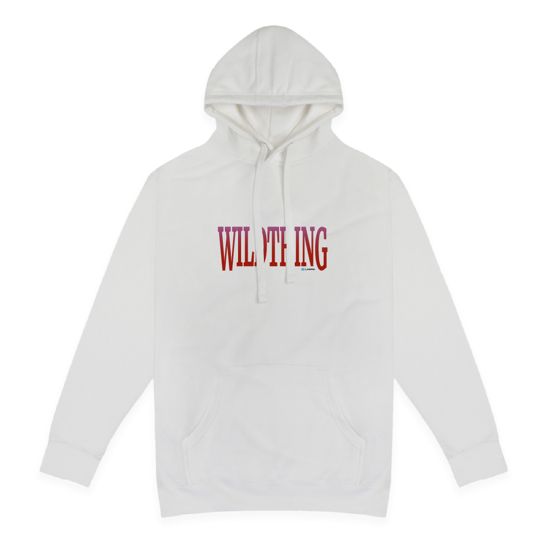 Front view of a unisex white hoodie with red WILDTHING text on the front on a white background