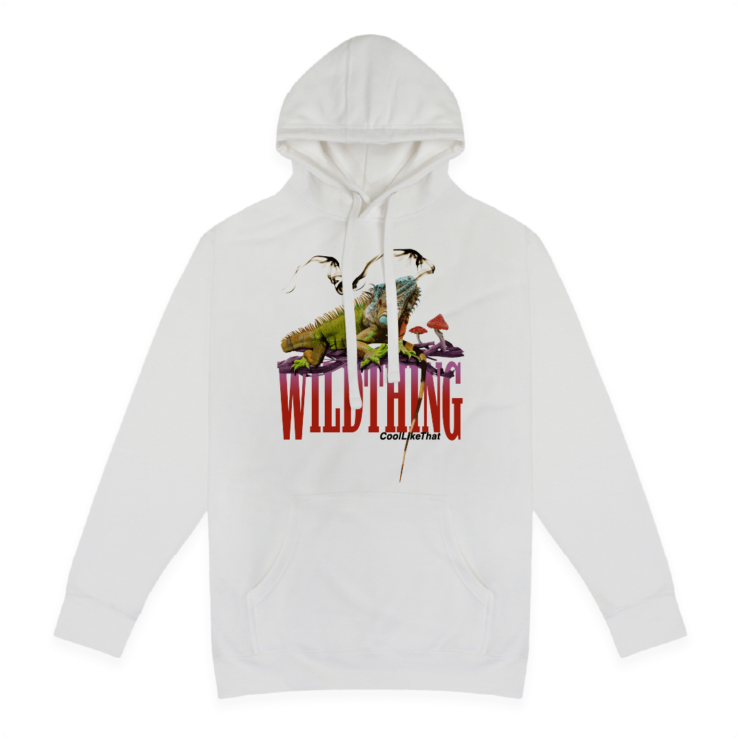 Front view of a unisex white hoodie with a red 'Wild Thing' graphic design on a white background