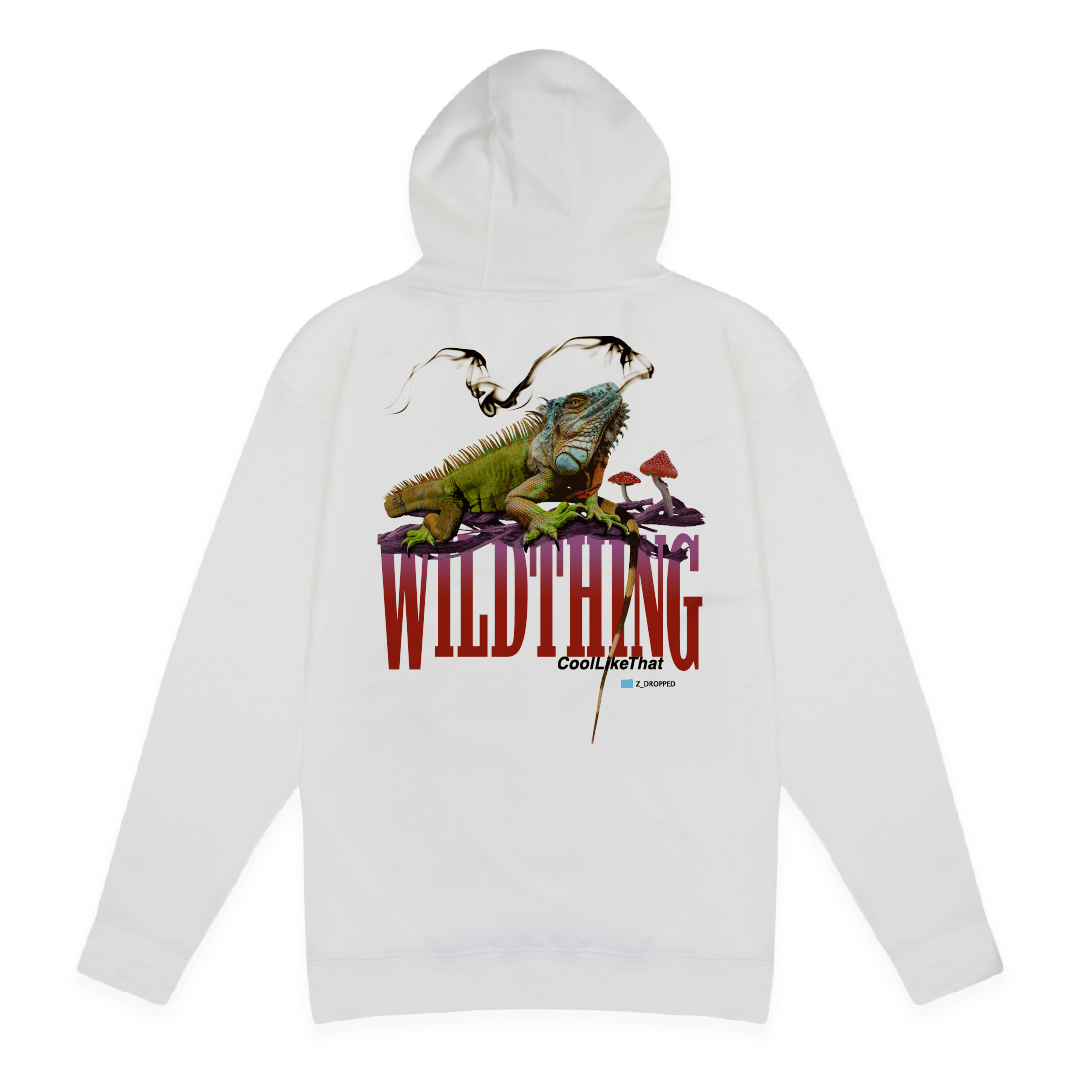 Rear view of a unisex white hoodie with an iguana graphic and 'Wild Thing' text on a white background