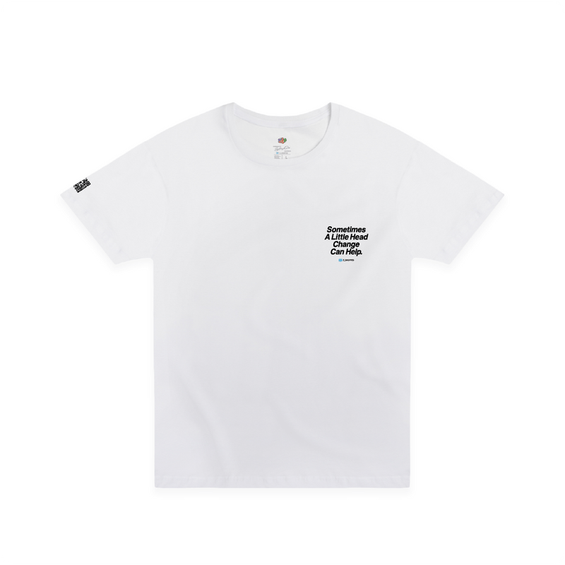 Front view of a unisex white t-shirt with black 'Sometimes A Little Head Change Can Help' text on the front chest.