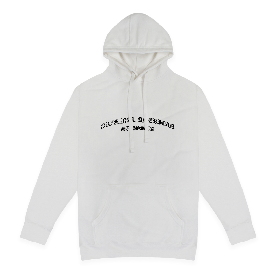 Front view of a unisex white hoodie with black Original American Gangsta text on a white background