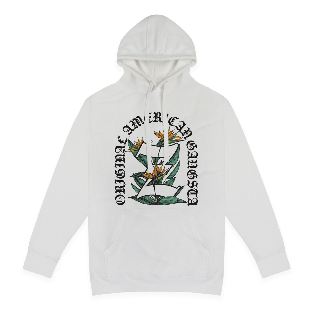 Front view of a white hoodie with a Z floral design and Original American Gangster text on the front against a white background