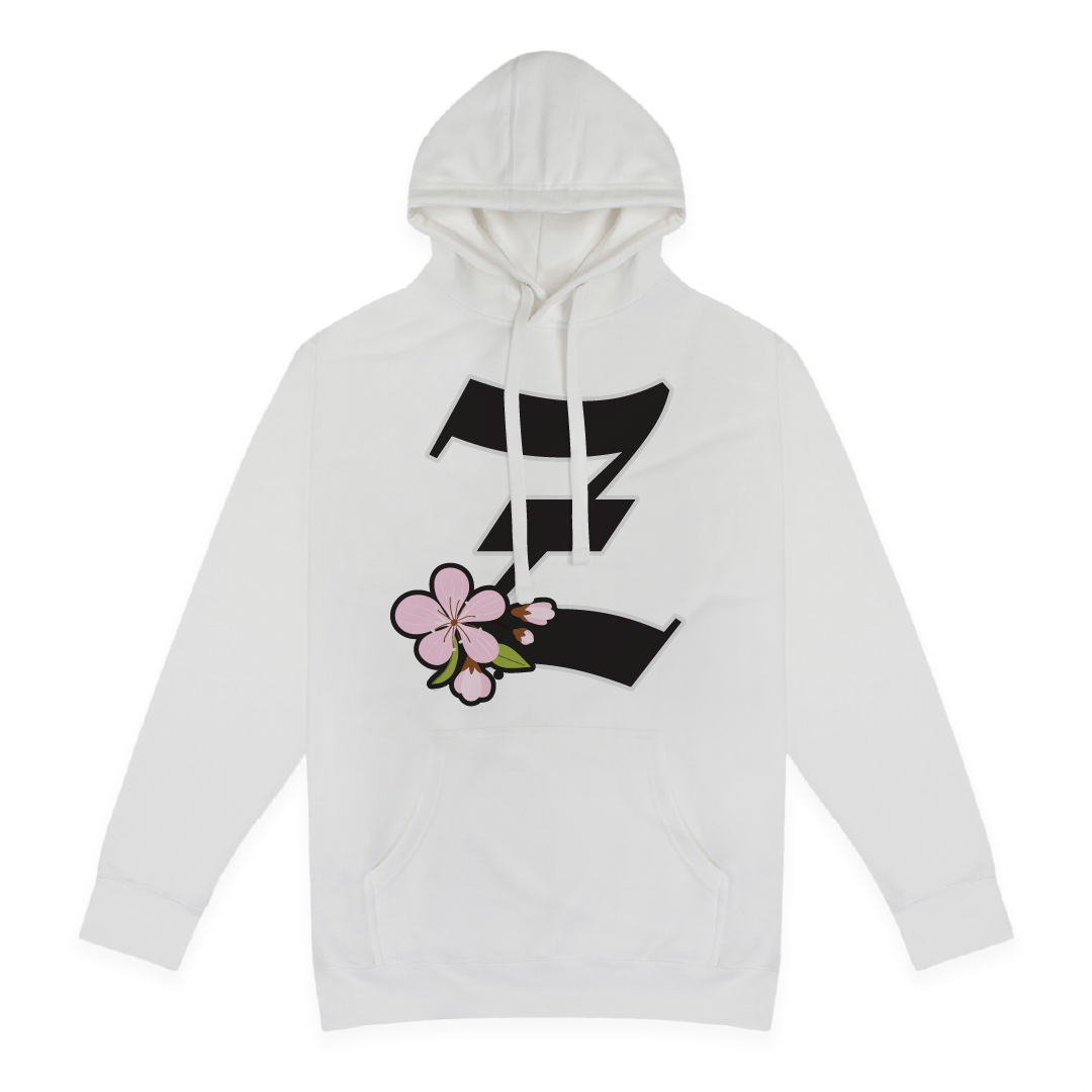 Front view of a white hoodie with a large Z logo with a cherry blossom on the chest against a white background