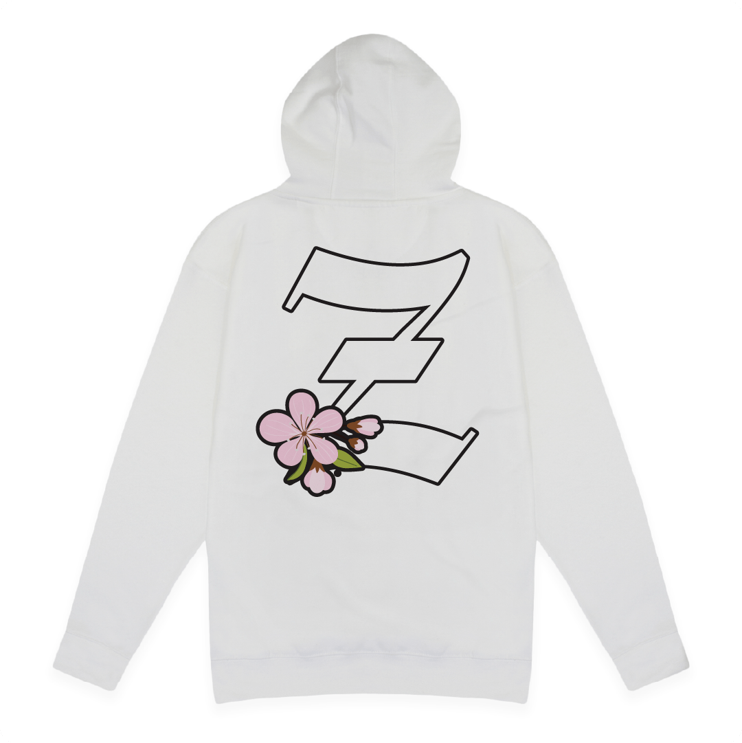 Rear view of a white hoodie with a large Z logo with a cherry blossom on the chest against a white background