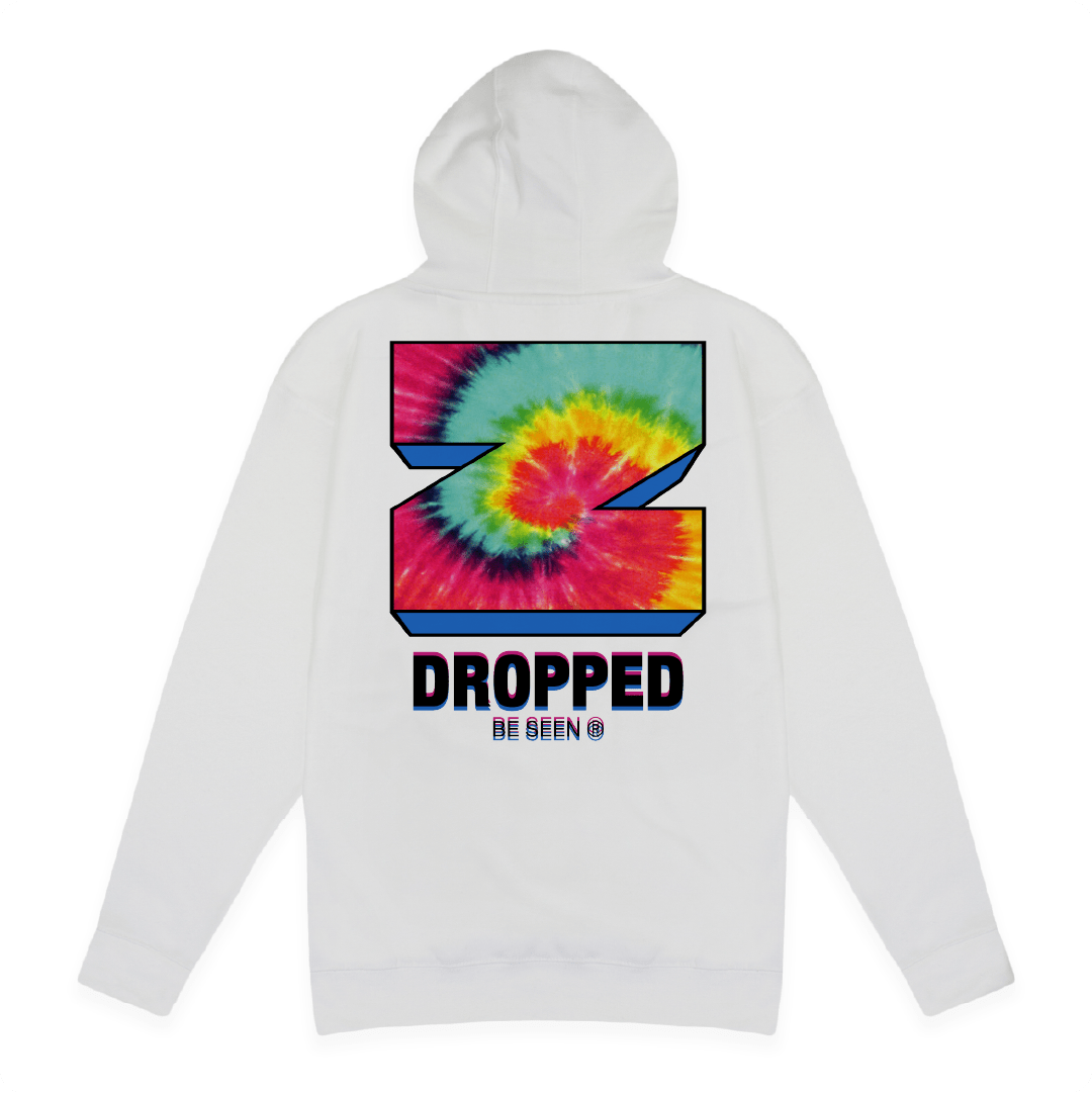 Front view of a white hoodie with a tie-dye Z graphic and 'Dropped' text on a white background