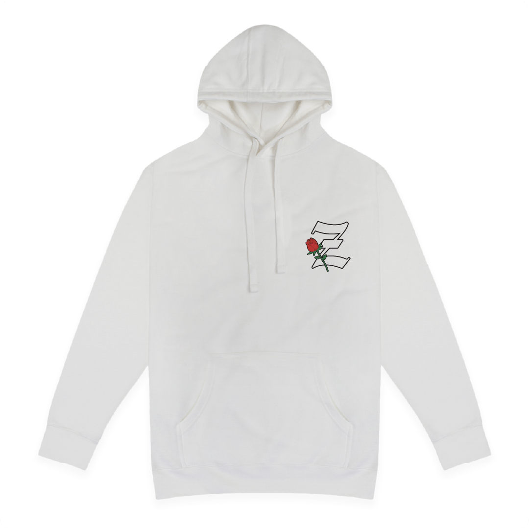 Front view of a white hoodie with a small Z logo with a rose on the chest against a white background
