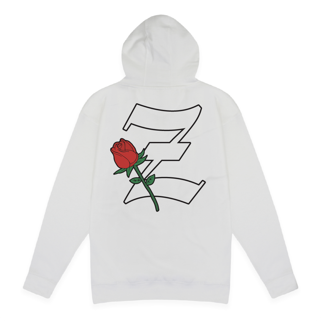 Rear view of a white hoodie with a red rose and black Z design on the back against a white background