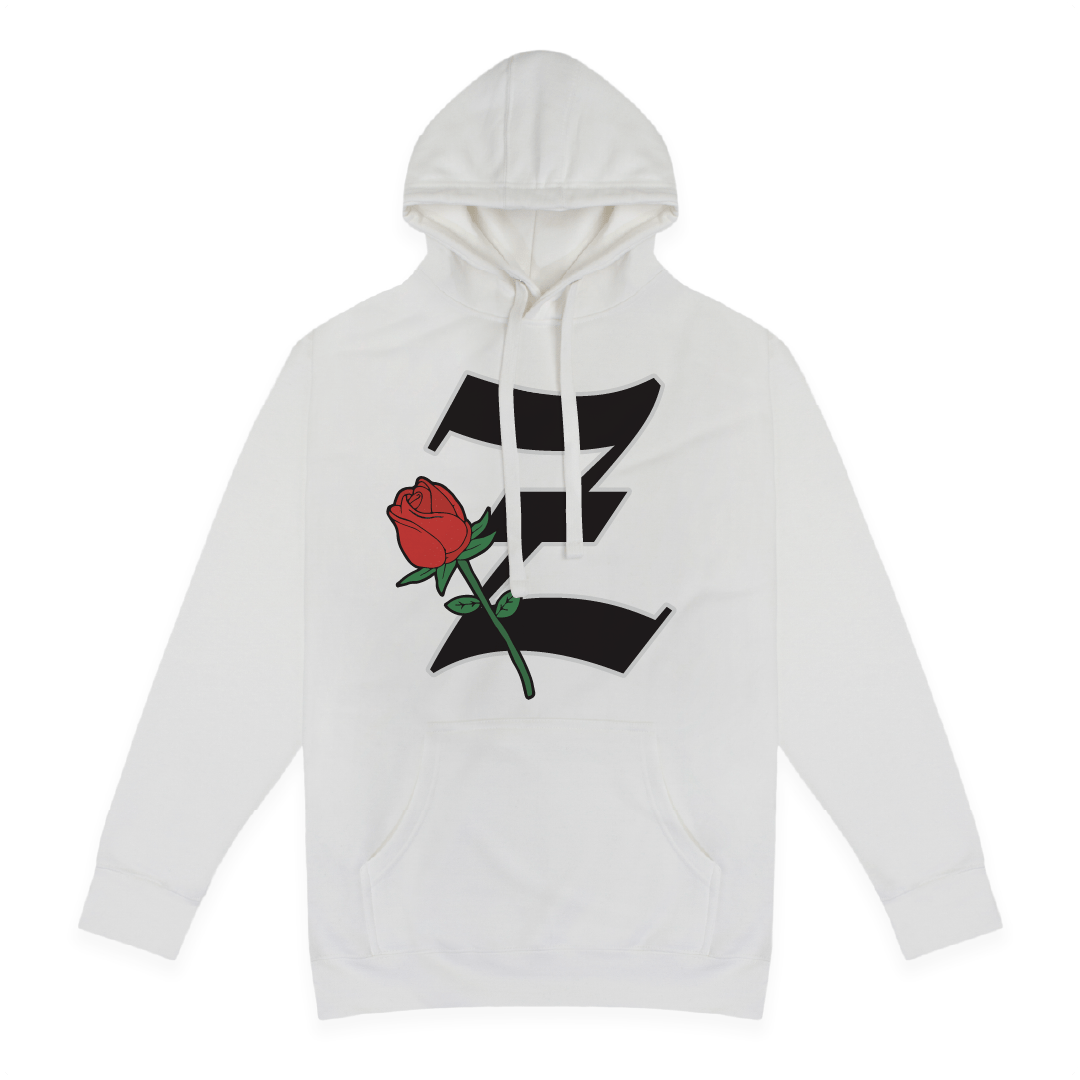 Front view of a white hoodie with a black z and red rose on a white background