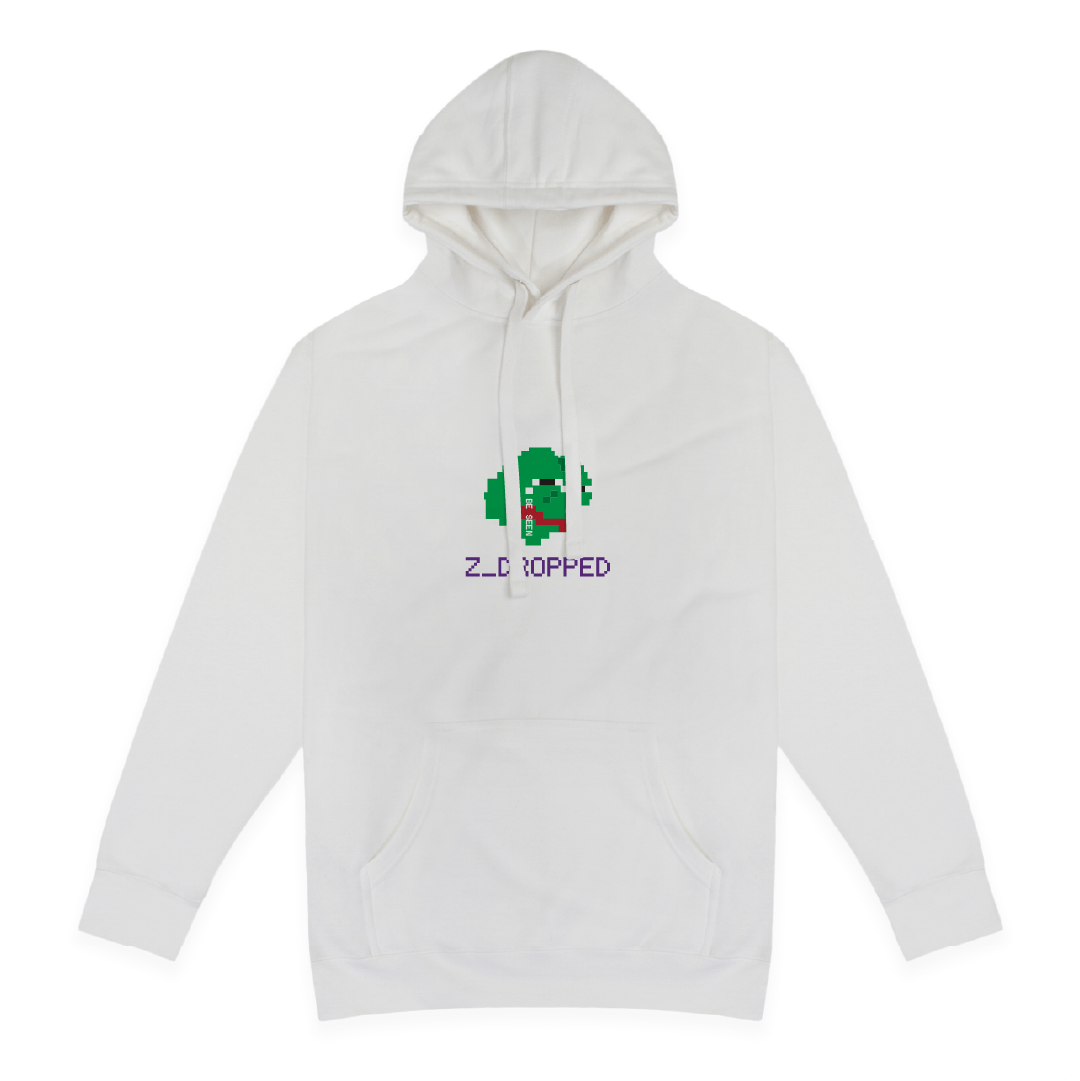 Front view of a unisex white pullover hoodie with a pixelated green sad frog meme and ZEPÉ text on the front, designed in retro 8-bit style, on a white background.