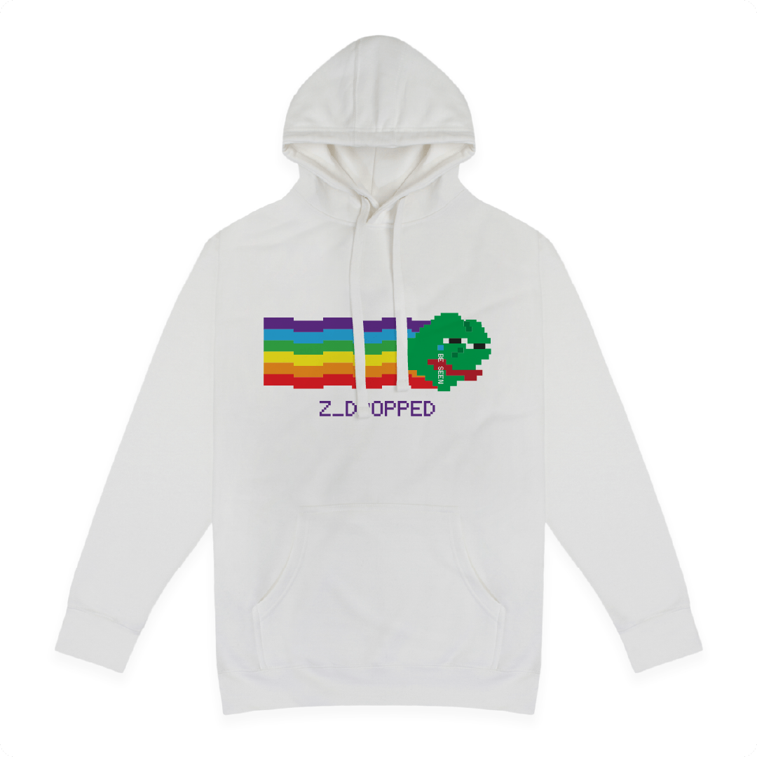 Front view of a white unisex pullover hoodie with a premium Zepé logo graphic which is a pixelated sad green frog meme with a rainbow on the front on a white background.
