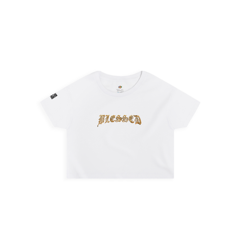 Front view of a women's white crop tee shirt with gold "Blessed" text on a white background