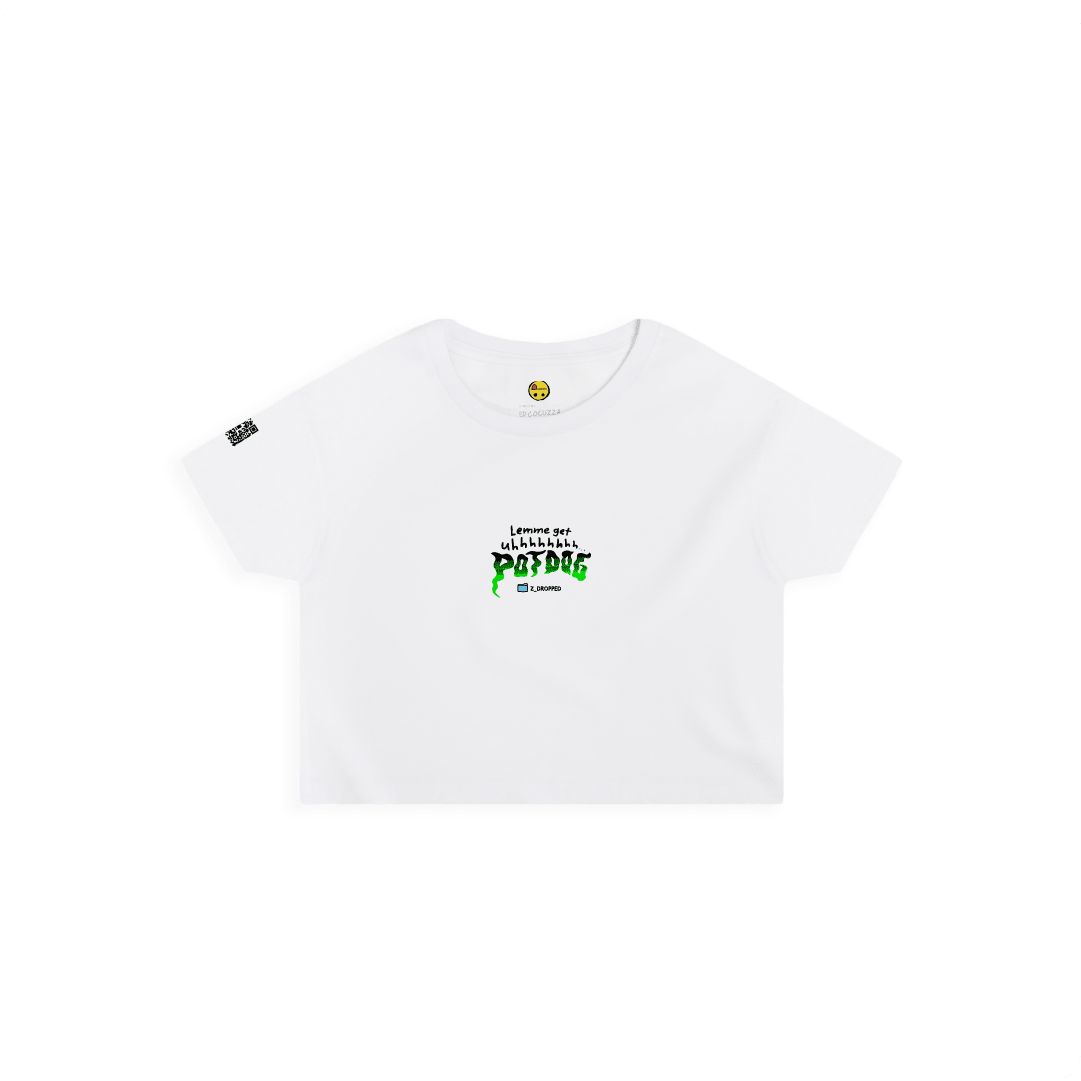 Front view of a women's white crop top with a small 'let me get uh pot dog' text in black and green.