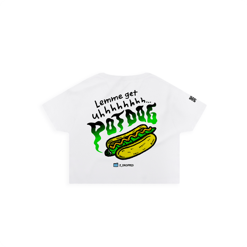 Rear view of a women's white crop top with a large 'let me get uh pot dog' text in black and green with a green and yellow blunt hot dog illustration.