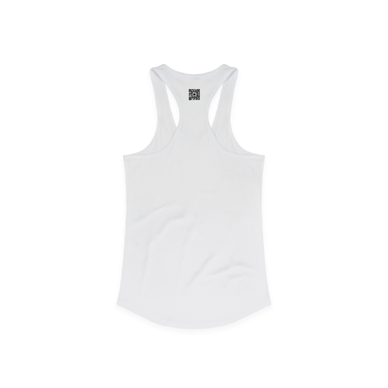 White tank top with a QR code on the back against a white background
