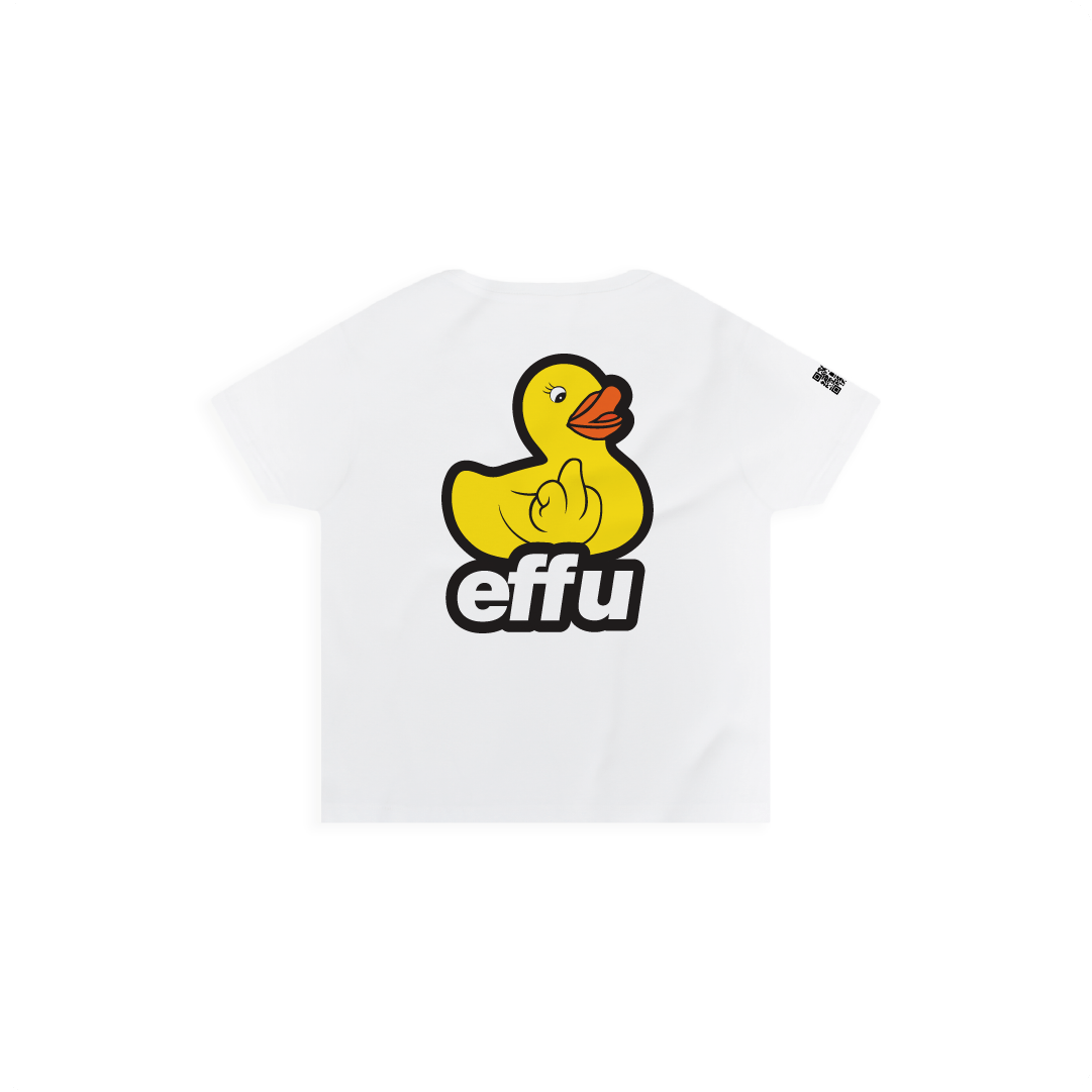 Rear view of a womens white high waisted t-shirt with a large yellow rubber ducky logo and 'effu' text on a white background