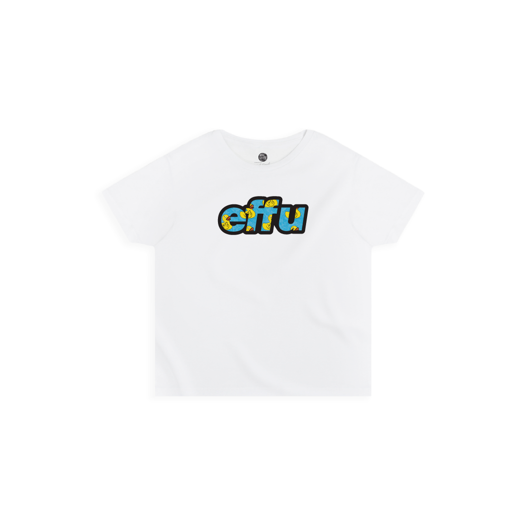 Womens white high waisted t-shirt with cyan 'effu' text design on a white background