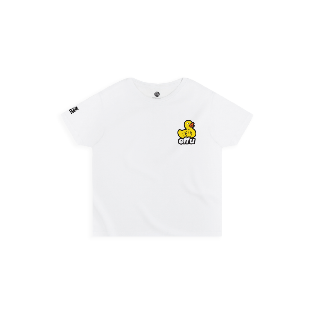 Womens white high waisted t-shirt with a small yellow rubber ducky logo and 'effu' text on a white background