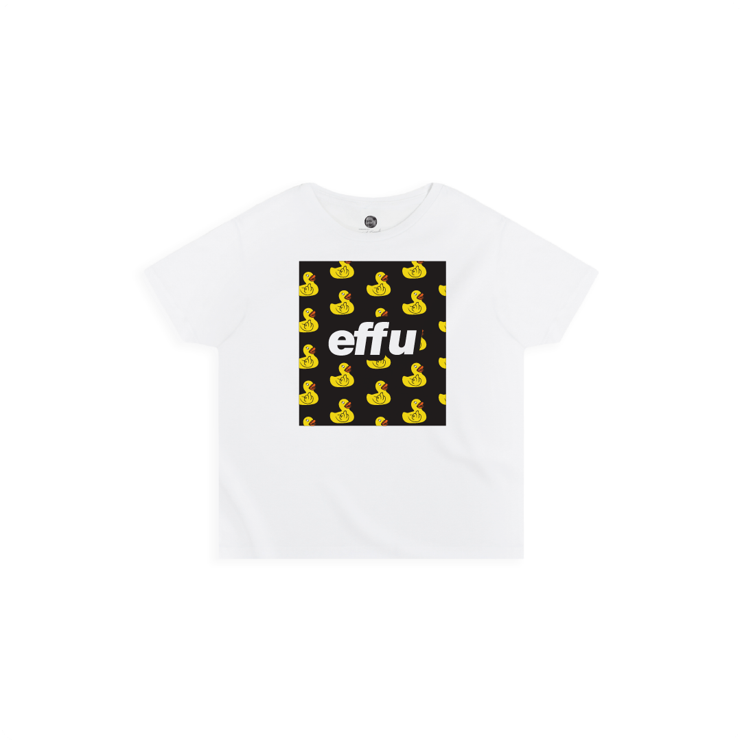 White t-shirt with a black square featuring yellow rubber ducks and 'effu' text on a white background